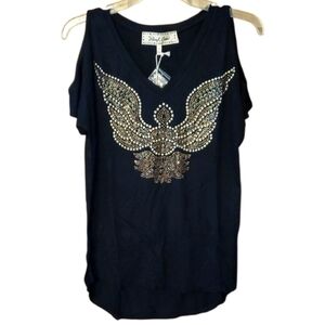 Sheryl Crow NWT Black‎ Embellished Bird Cold Shoulder Top Size XS